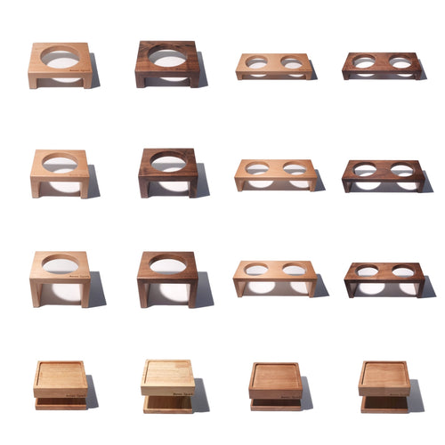 Aevan Epoch wooden cat bowl stands in light and dark finishes, showing single-bowl, double-bowl and platform designs.