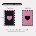 Front and back of the black and pink heart cat scratcher, measuring 43 cm long, 29 cm wide and 3.6 cm thick.
