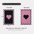 Front and back of the black and pink heart cat scratcher, measuring 43 cm long, 29 cm wide and 3.6 cm thick.