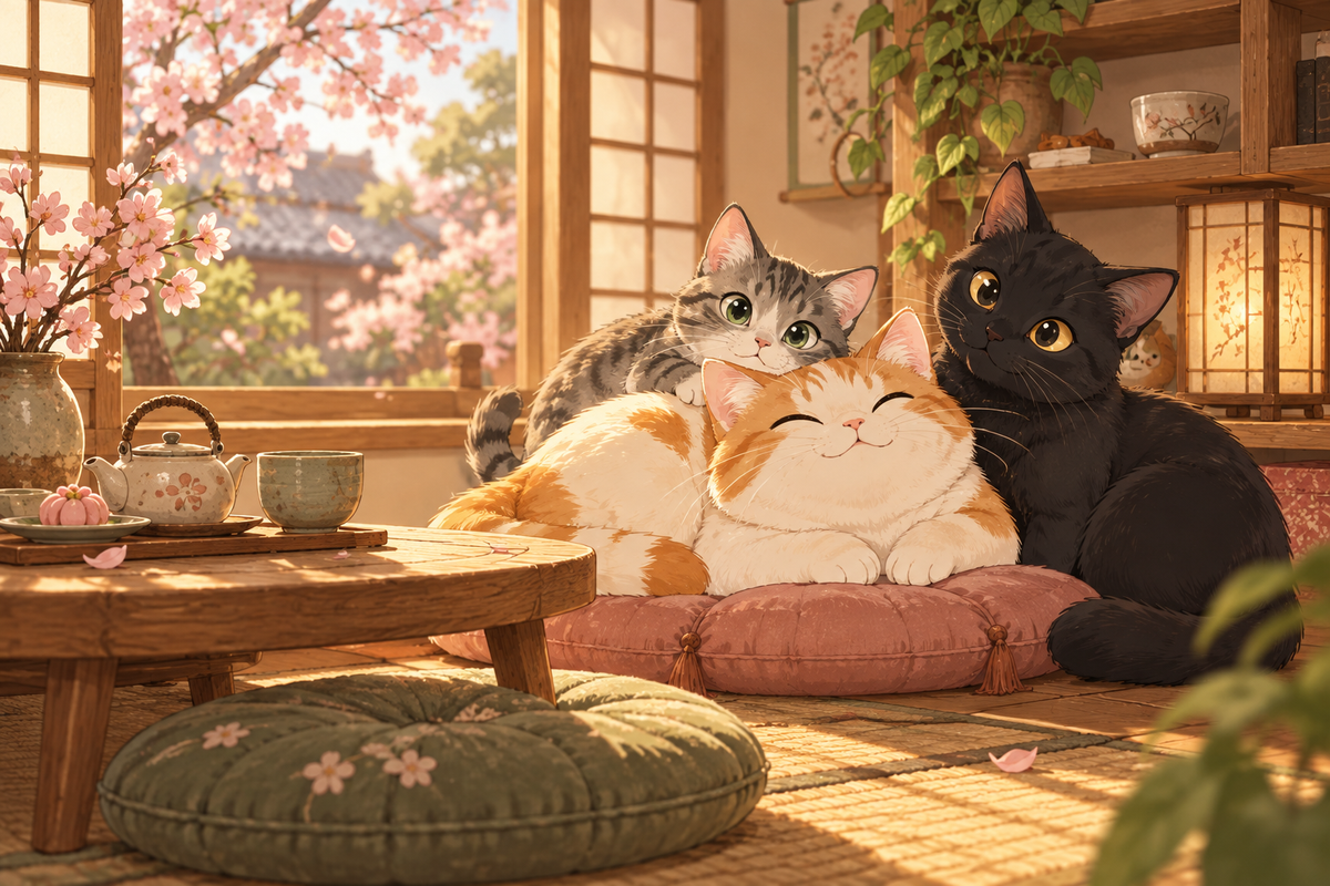 Three illustrated cats relaxing in a sunlit room